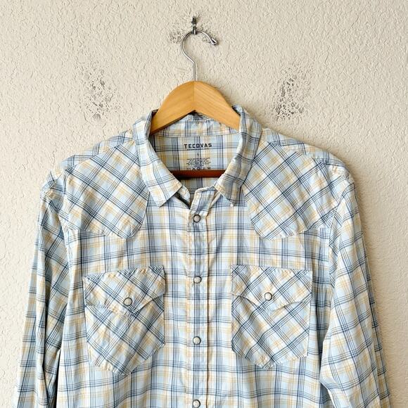 TECOVAS Pearl Snap Shirt Yellow Blue Plaid Long Sleeve Western Retro - Picture 4 of 9